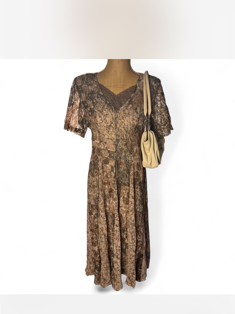 Vintage Brown lace Short-Sleeve V-Neck Women's Dress